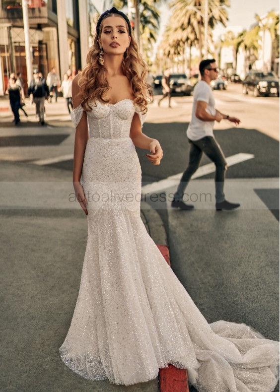 Heavily Beaded Off Shoulder Ivory Tulle Sparkly Wedding Dress